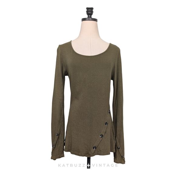 Y2K Thermal Long Sleeve Top S Olive Green Scoop Buttons Knit Twilightcore Elena - Picture 1 of 9